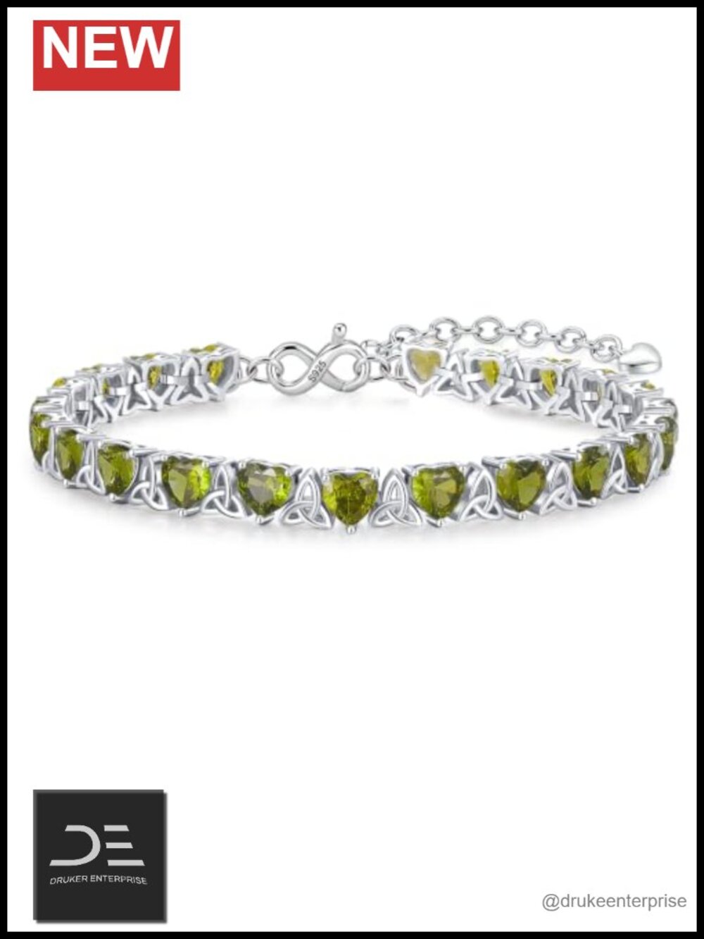 Heart Peridot Tennis Bracelet Sterling Silver 925 White Gold Plated